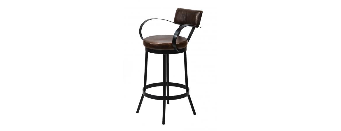 Industrial Padded Leather Bar Stool With Back & Curved Armre