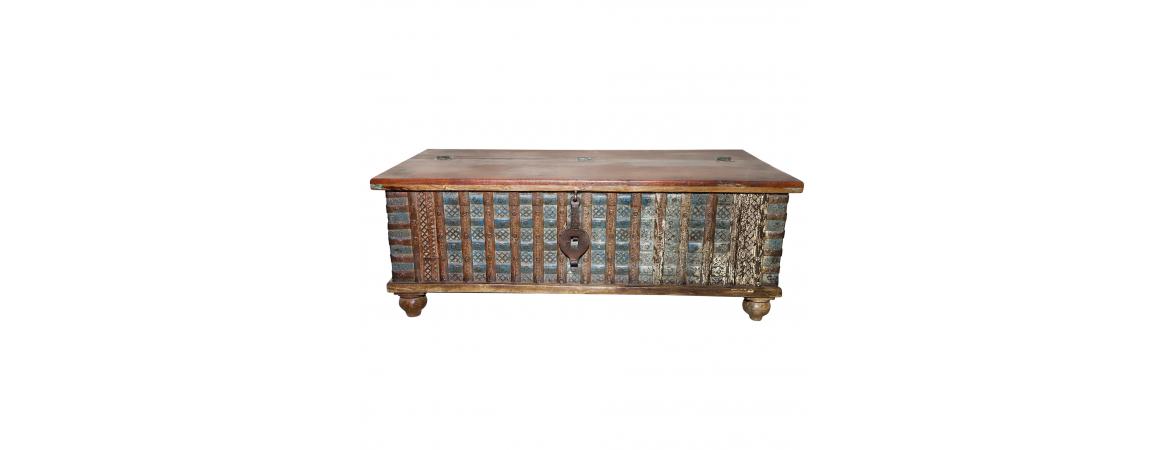 Antique 1.2m Chest with Carvings & Vintage Iron Clasps