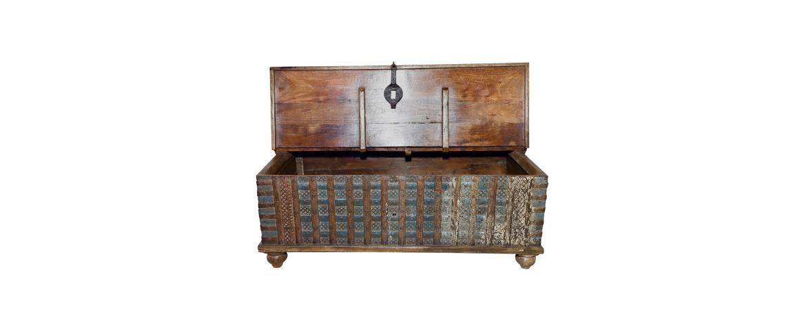 Antique 1.2m Chest with Carvings & Vintage Iron Clasps