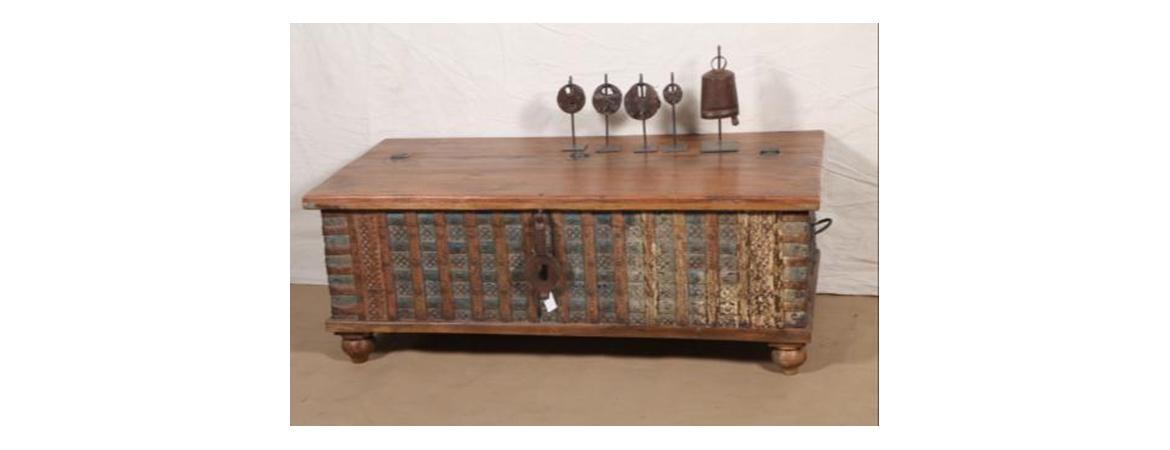 Antique 1.2m Chest with Carvings & Vintage Iron Clasps