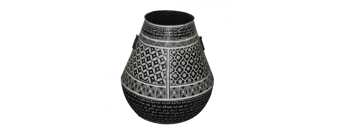 Black Iron Pot Bahi Painted 50 x 50 x 61cm