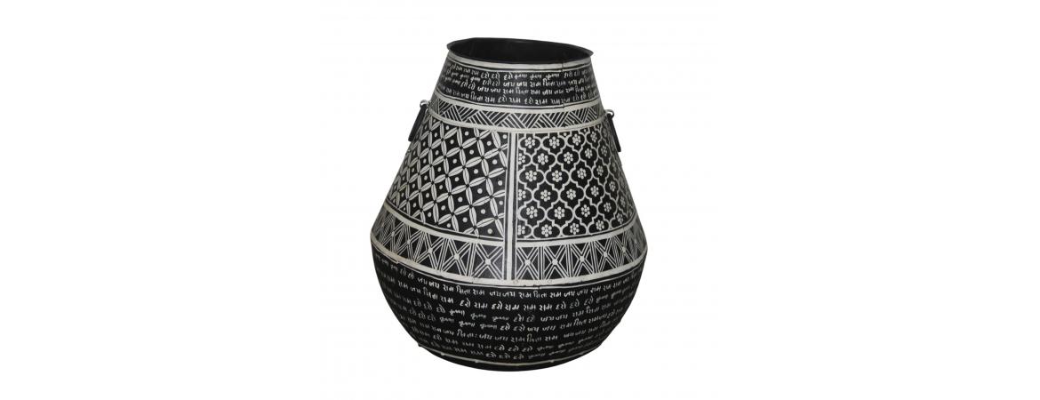 Black Iron Pot Bahi Painted 50 x 50 x 61cm