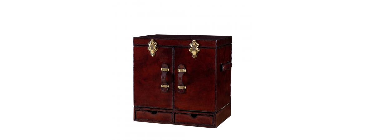 Handcrafted Leather Mini Bar Cabinet - Cognac