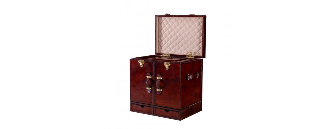 Handcrafted Leather Mini Bar Cabinet - Cognac