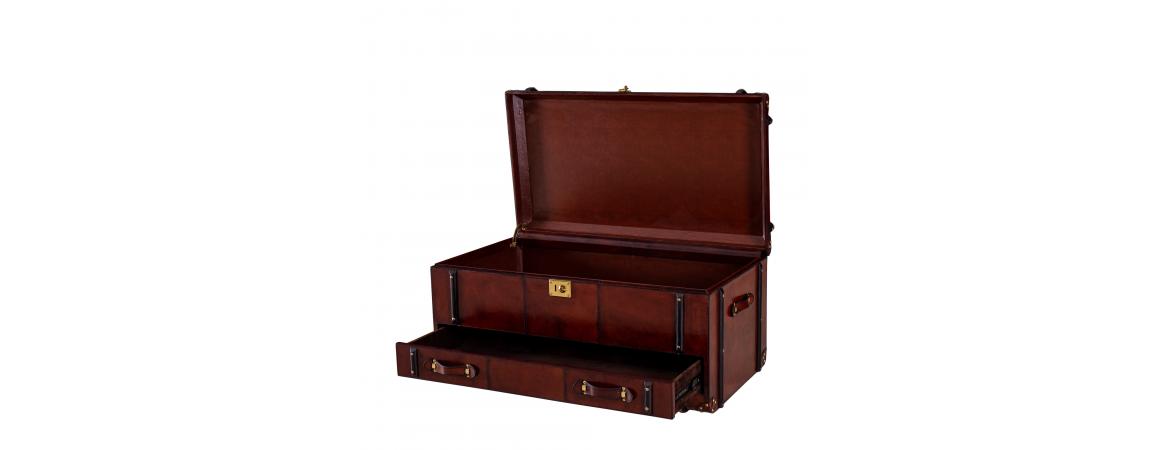 Handcrafted Leather Coffee Table Trunk With Drawer - Cognac