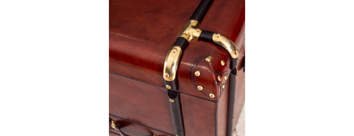 Handcrafted Leather Coffee Table Trunk With Drawer - Cognac