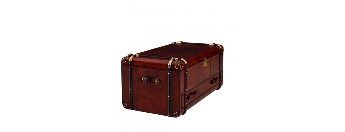 Handcrafted Leather Coffee Table Trunk With Drawer - Cognac