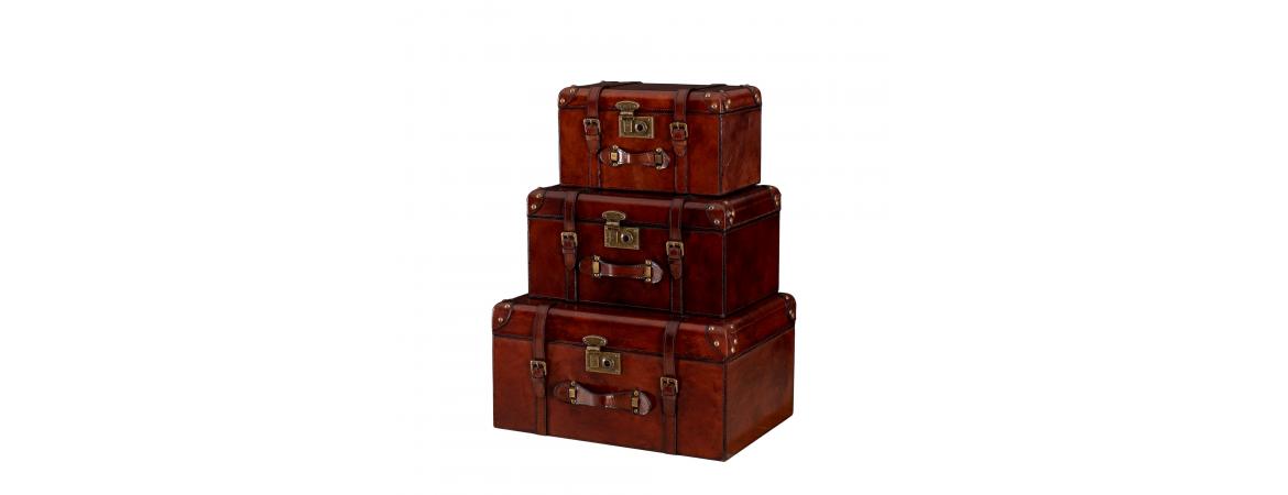 Handcrafted Leather Set of 3 Storage Trunk - Cognac