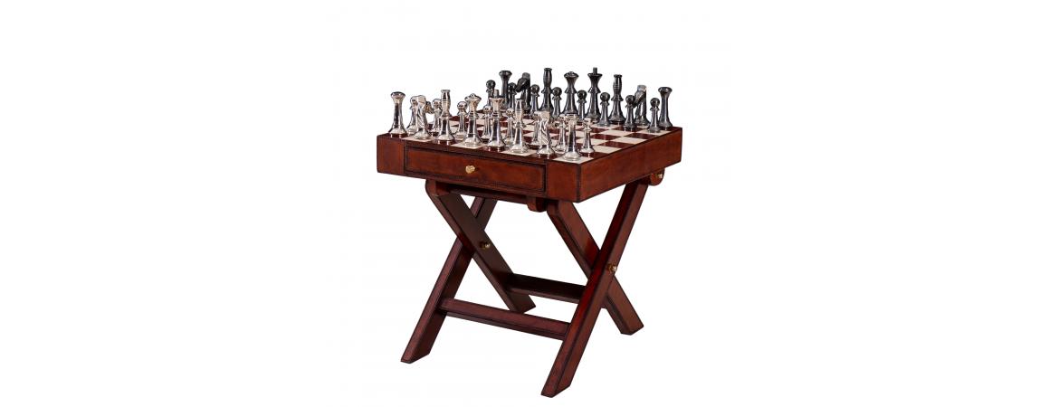 Handcrafted Leather Chess Set With Table - Cognac