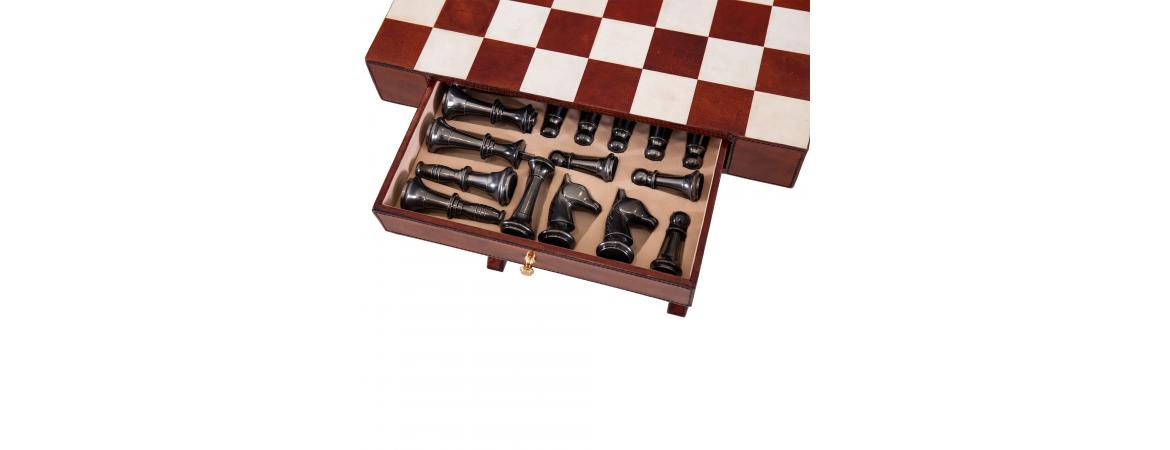 Handcrafted Leather Chess Set With Table - Cognac