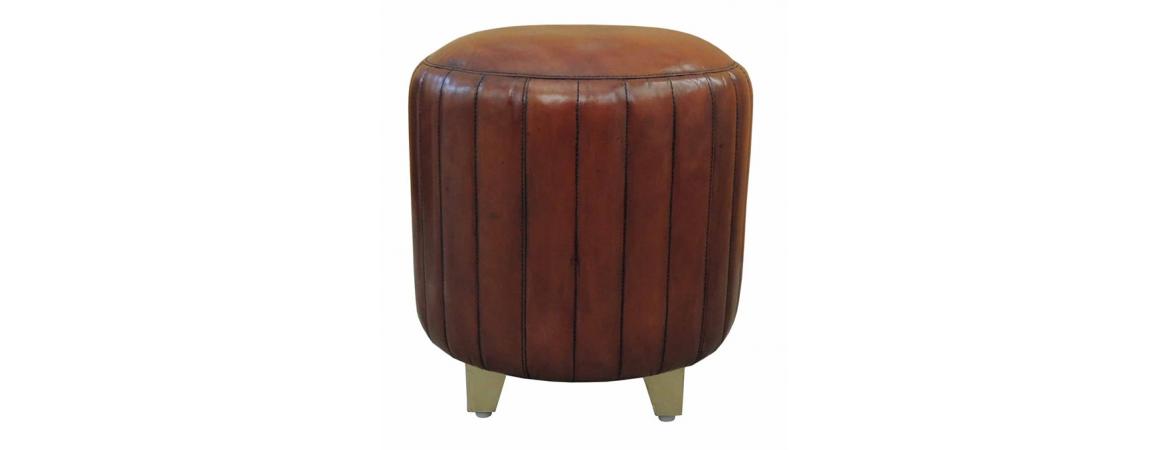 Handcrafted Ribbed Pouf - Cognac