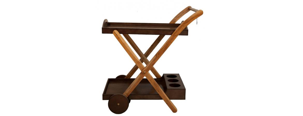 Handcrafted Leather and Wooden Drinks Trolley - Cognac