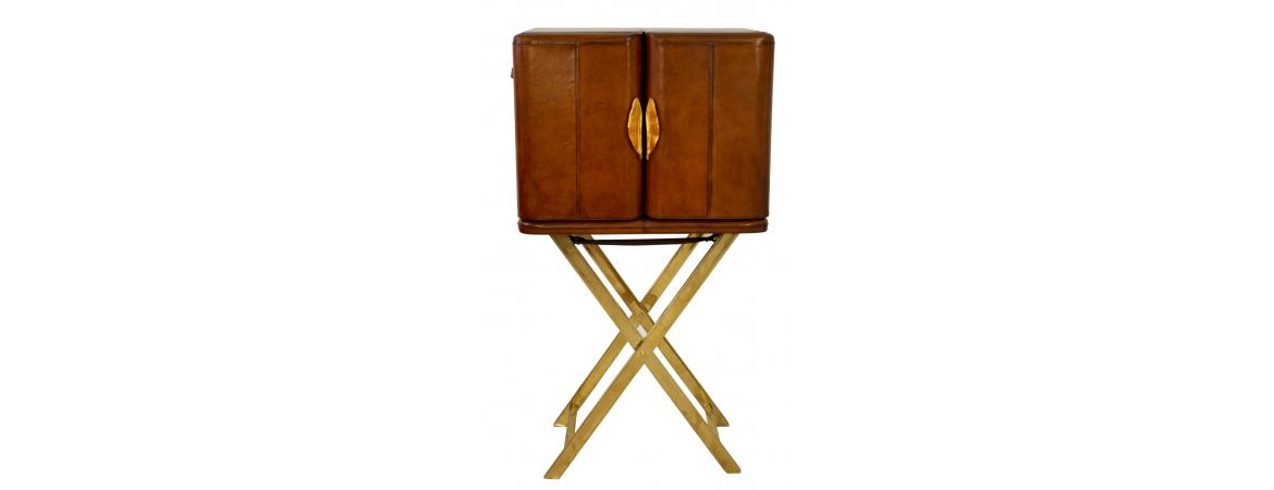 Handcrafted Leather & Brass Bar with Stand - Cognac