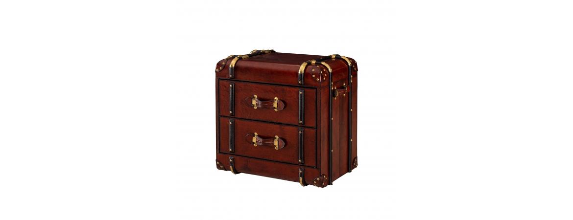 Handcrafted Leather 2 Drawer Side Table Trunk - Cognac