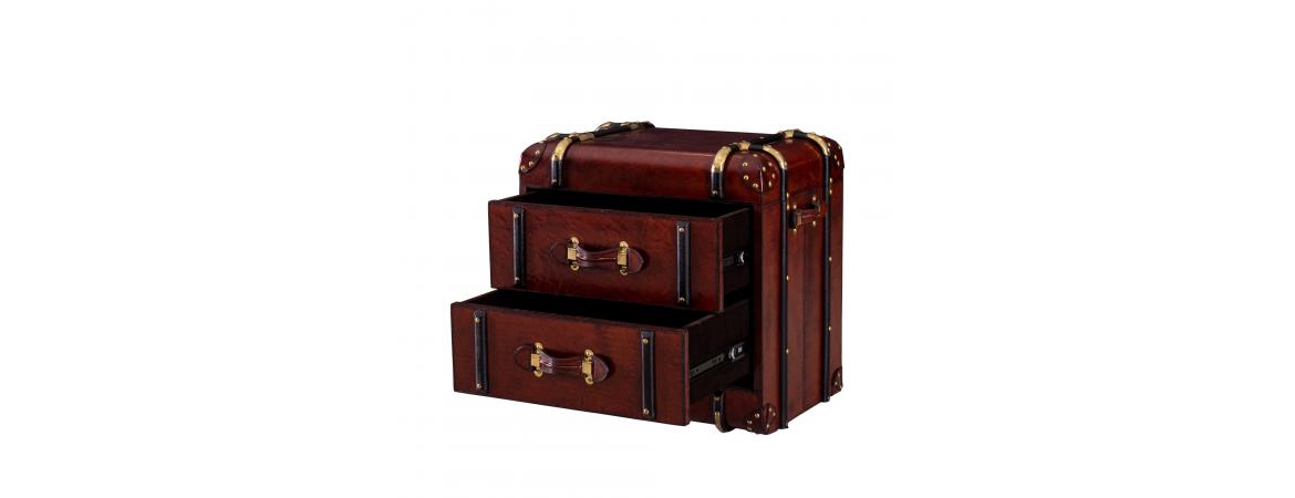 Handcrafted Leather 2 Drawer Side Table Trunk - Cognac