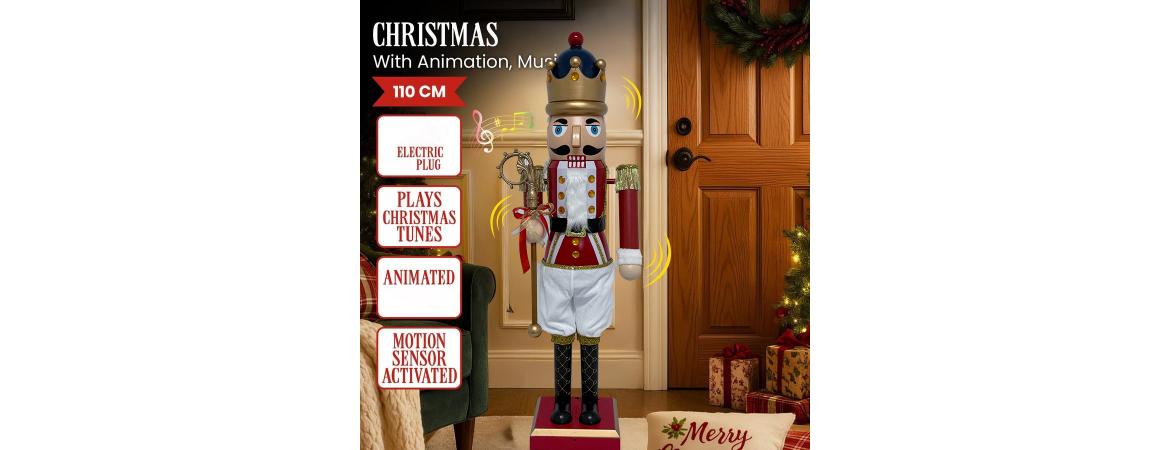 110cm Moving Collapsible Red & White Nutcracker with Music and Lights