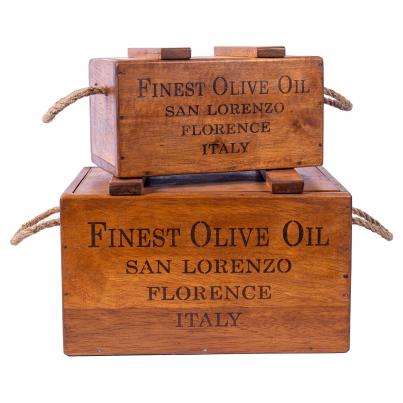 Set of 2 Rustic Vintage Wooden Lidded Chest Boxes - Olive Oil