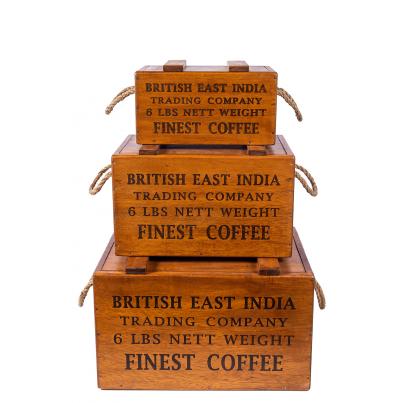 Set of 3 Rustic Vintage Wooden Lidded Chest Boxes - India Coffee