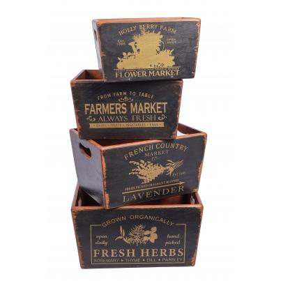 Set of 4 Vintage Black Boxes - Herbs & Flowers