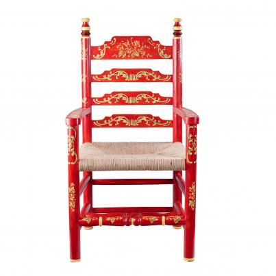 Red Floral Design Wooden Arm Chair
