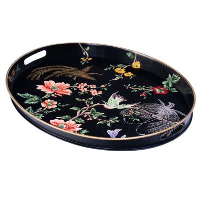 Black Lyre Bird Design Oval Tray with Handles
