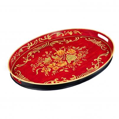 Red Floral Design Oval Tray with Handles
