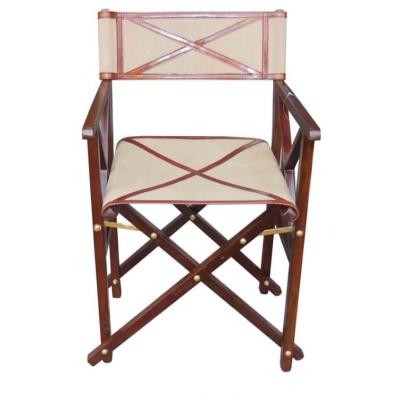 Hancrafted Wooden Canvas Leather & Brass Director Chair - Cognac