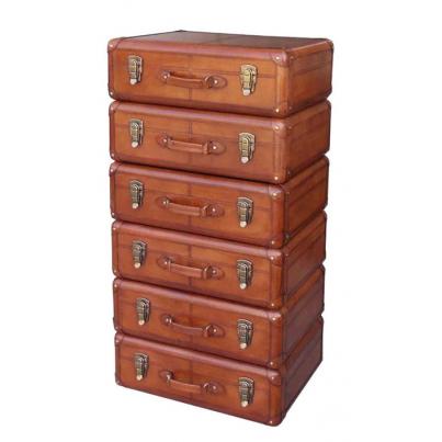 Handcrafted Leather & Brass 6 Drawer Tall Boy - Cognac