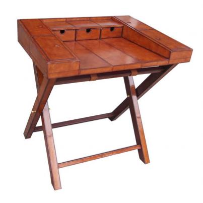 Handcrafted Leather & Brass Writing Desk with Stand - Cognac