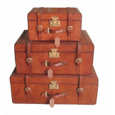 Handcrafted Leather & Brass Weave Set of 3 Trunks - Cognac