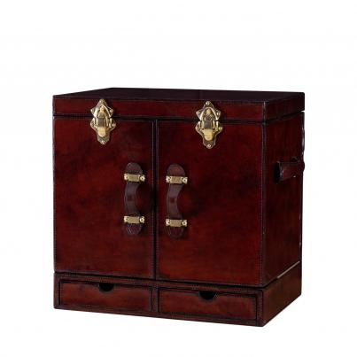 Handcrafted Leather & Brass Mini Bar Cabinet - Cognac