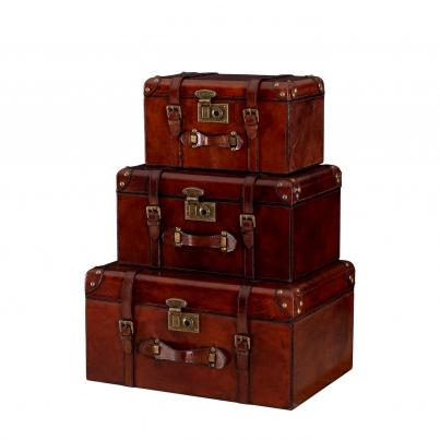Handcrafted Leather & Brass Set of 3  Storage Trunk - Cognac