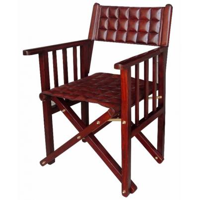 Handcrafted Wooden Quilted Leather & Brass Director Chair -  Cognac