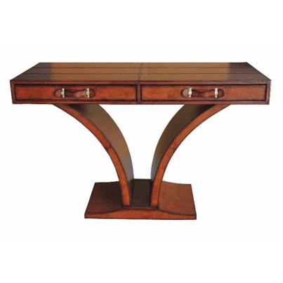 Handcrafted Leather & Brass Console Table - Cognac