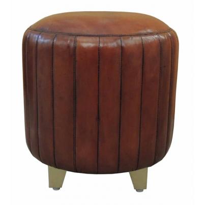 Handcrafted Leather & Brass Ribbed Pouf - Cognac