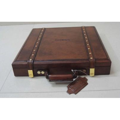 Handcrafted Leather & Brass Double Strap Case with Chess Set - Cognac