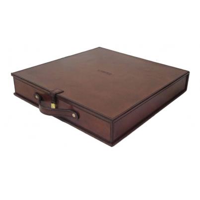 Handcrafted Leather & Brass Case With Chess Set - Cognac