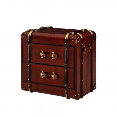 Handcrafted Leather & Brass 2 Drawer Side Table Trunk - Cognac