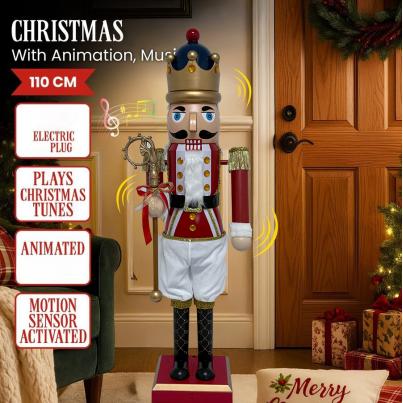 110cm Moving Collapsible Red & White Nutcracker with Music and Lights